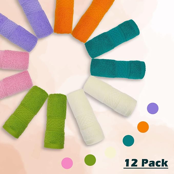 Cleanbear Face Cloths 12 Pack Washcloths 100% Cotton Wash Cloth for Face - Large Bath Washcloths 13 by 13 Inches with Multi Colors