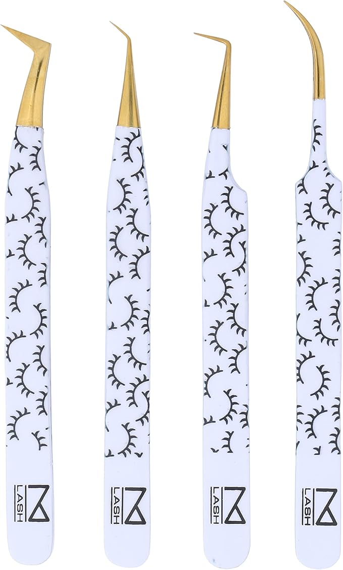 M LASH Tweezers for Eyelash Extensions (Set of 4) - Professional Lash Extension Tweezers - Fiber Tip, Japanese Steel, Diamond Grip Eyelash Extension Tweezer (WL)
