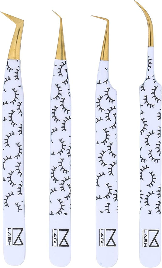 M LASH Tweezers for Eyelash Extensions (Set of 4) - Professional Lash Extension Tweezers - Fiber Tip, Japanese Steel, Diamond Grip Eyelash Extension Tweezer (WL)