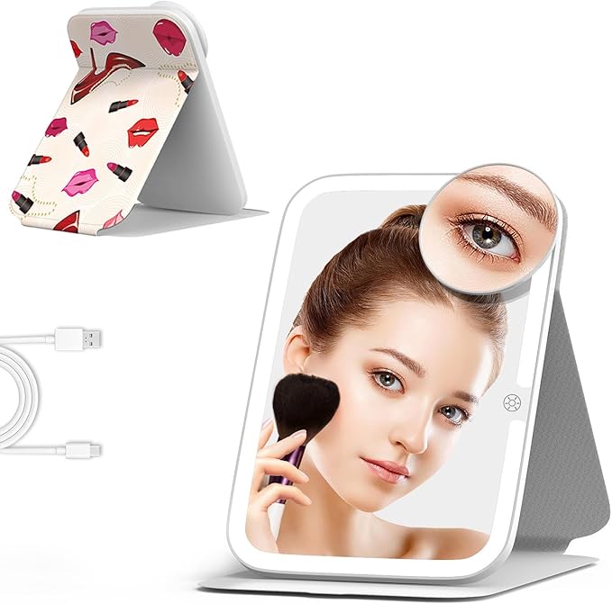 Mocado Travel Makeup Mirro with Lights, 360° Rotation Lighted Makeup Mirror, Portable Mirror with 10x Magnification, 3 Color Lightings, Dimmable Touch Screen, Tabletop Light up Mirror(Lipstick)