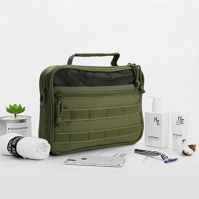 SMONT Mens Toiletry Travel Bag With Double Side full Open Design Travel Toiletry Organizer Dopp Kit Shaving Hygiene Bag Bathroom Hanging Toiletry Bag for Short Trips Tactical Toiletry Bag Army Green