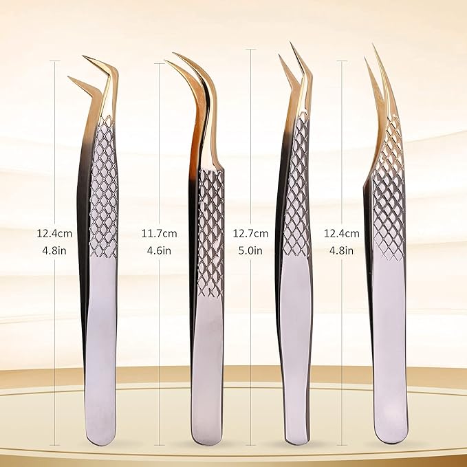 Lash Eyelash Extension Tweezers Set 4Pcs,Professional Eyelash Applicator Tool,Straight and Curved Precision Stainless Steel Tweezers Lash Extension Supplies(Black Gold)