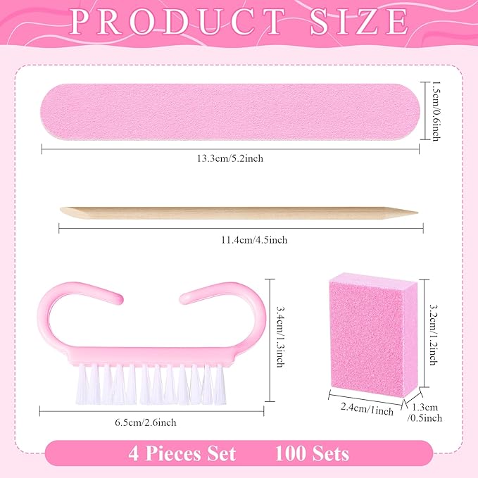 100 Sets Professional Disposable Manicure Kit Basics 4 Piece Nail Kit Wood Nail File 100/180 Grit, Mini Buffer 80/100 Grit, Wood Stick and Handle Grip Brush Gifts(Pink)