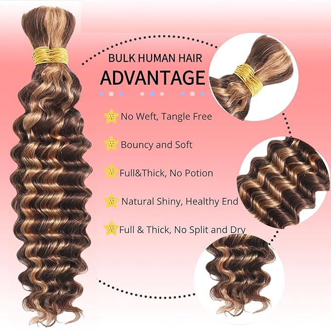 Ombre Braiding Hair 2 Bundle 100g 4/27 Human Braiding Hair Deep Wave Honey Blonde Braiding Hair Highlight Bulk Human Hair 12A Brazilian Brown Bariding Hair for Curly Human Hair Extensions (22 Inch)