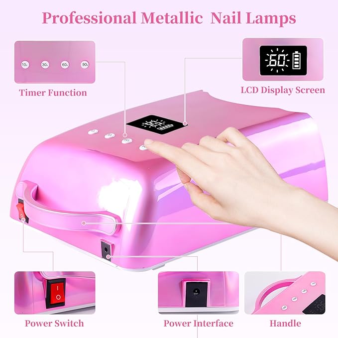 Professional UV LED Nail Lamp, Cordless Rechargeable UV Light for Gel Nails, 78W Fast Curing Gel Nail Light with 4 Timer Setting LCD Display, Auto Sensor and Spacious Interior(Metallic Pink)