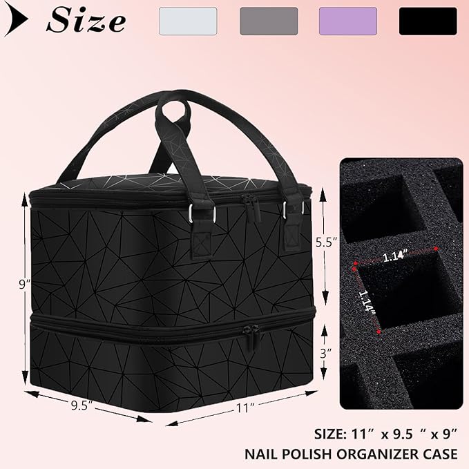 Nail Polish Organizer Hold 42+ Bottles Nail Polish & Nail Lamp, Nail Storage Case Double-Layer Nail Bag Holder with Sturdy Handle(Black)