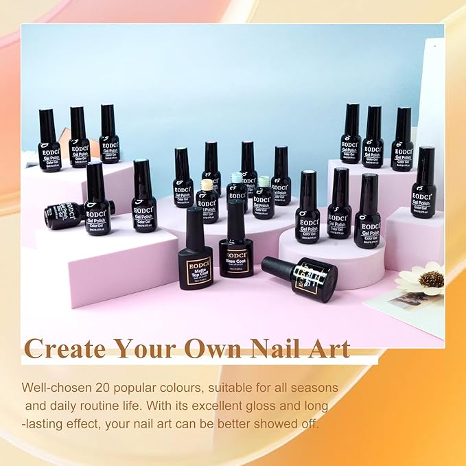 Gel Polish Nail Set 20 Colors with 3Pcs Glossy & Matte Top Coat and Base Coat, Light Purple Yellow Blue Sparkle Glitters Colorful Gel Polish Set For Valentine's Gifts