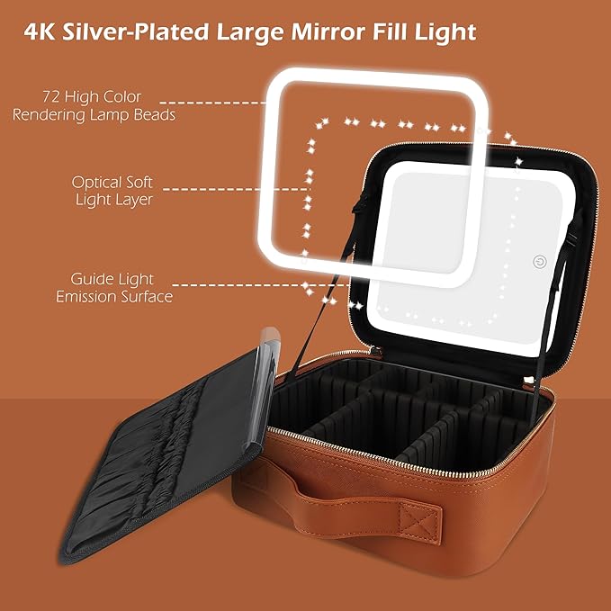 MOMIRA Travel Makeup Bag Cosmetic Bag Makeup Organizer Bag with Lighted Mirror, Adjustable Brightness in 3 Color Scenarios, Waterproof Makeup Train Case, Gift for Women - Tangerine Brown