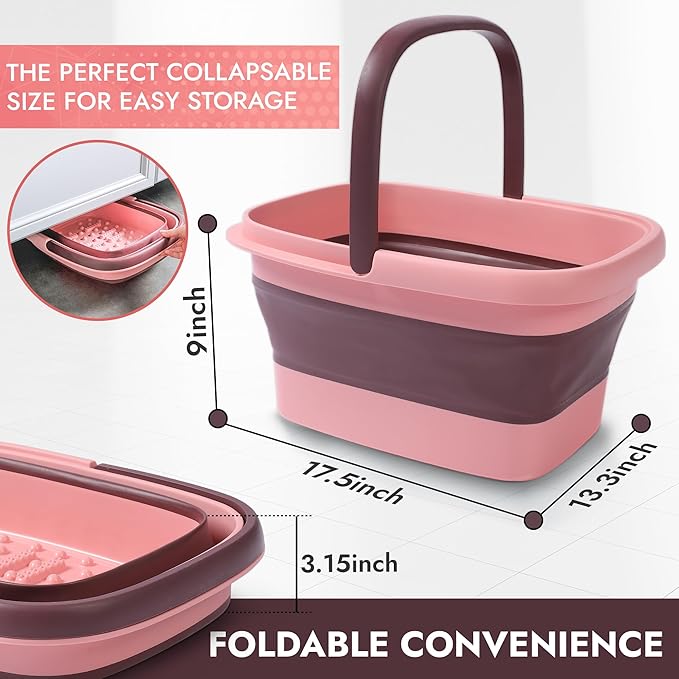 AllSett Health Collapsible Foot Bath – Advanced Foot Soaking Tub with Portable Design and Handle – Foldable Pedicure Foot Spa Bowl – Compact and Lightweight Foot Soak with Acupressure Points, Pink