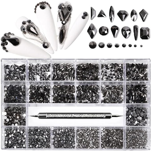 3100Pcs Nail Crystal Rhinestones Kit, Mix Shapes AB Glass, 3D Diamonds Flatback Crystals, with a Drill Pen, Nail Crystal Non Hotfix, Nail Art Decoration(Mineral Black)