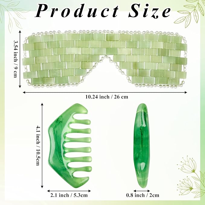 Hercicy 4 Pcs Jade Eye Mask and Hair Comb Set Green Jade Stone Eye Mask White Facial Cooling Set Guasha Scalp Comb Facial Massage Tool for Relax Alleviate Puffiness Esthetician Supplies