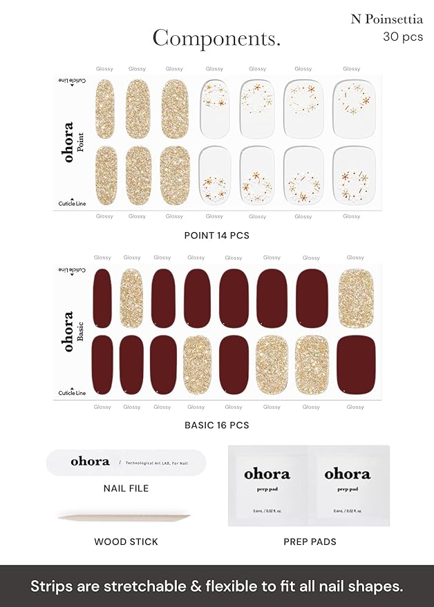 ohora Semi Cured Gel Nail Strips (N Poinsettia) - Red, Patterned, Works with Any UV/LED Lamps, Salon-Quality, Long Lasting, Easy to Apply & Remove - Includes 2 Prep Pads, Nail File & Wooden Stick
