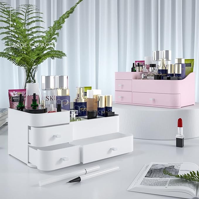 skin care organizer,Makeup Desk Organizer With Drawers ,Countertop Organizer for Cosmetics,Vanity brush with Holder for Lipstick, Brushes, Eyeshadow, and Desktop Finishing Dresser (A-Large-White)