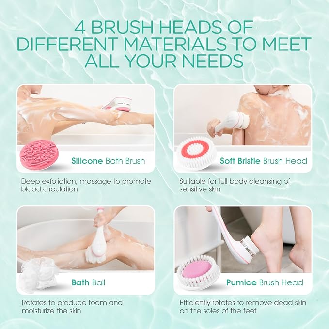 VOYOR Electric Body Brush Back Scrubber for Shower Rechargeable Exfoliating Bath Brush Powered Shower Brush with Non-Slip Long Handle Deep Cleansing, Exfoliation, Massaging Spin Brush BC100 (Pink)