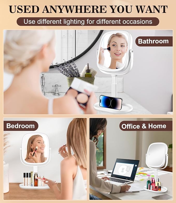 ALLROSE Professional 8" LED Lighted Makeup Mirror, 2600mAh Rechargeable 1x/7x Magnifying Vanity Mirror, 360° Rotation 2-Sided Light up Large Desk Mirror, Height Adjustable Lighted Makeup Mirror
