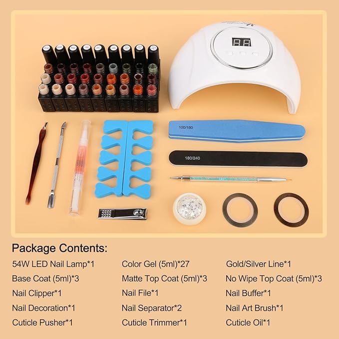 Lavender Violets 48pcs Gel Nail Polish Kit with UV Light, 27 Skin Tone Colors Gel x Nail Kit with Everything All Seasons Set, 54W LED Nail Lamp, No Wipe Base Top Coat & Manicure Tools Q980