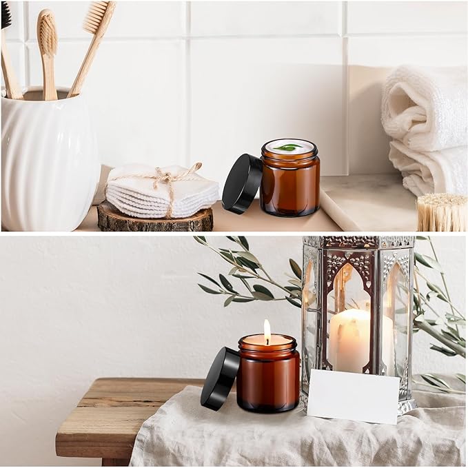 Norme 24 Pcs 4 oz Glass Jars with Lids Leakproof Round Airtight Empty Cosmetic Jars with Inner Liners Lid for Storing Lotions Powder Ointments Candle Making (Black,Amber)
