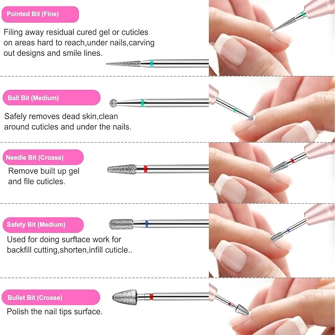 30Pcs Nail Drill Bits Set with Rhinestone Storage Box, 3/32 Inch Ceramic Diamond Carbide Nail Drill Bits for Acrylic Gel Polish, Cuticle Efile Remover for Manicure (Pink)
