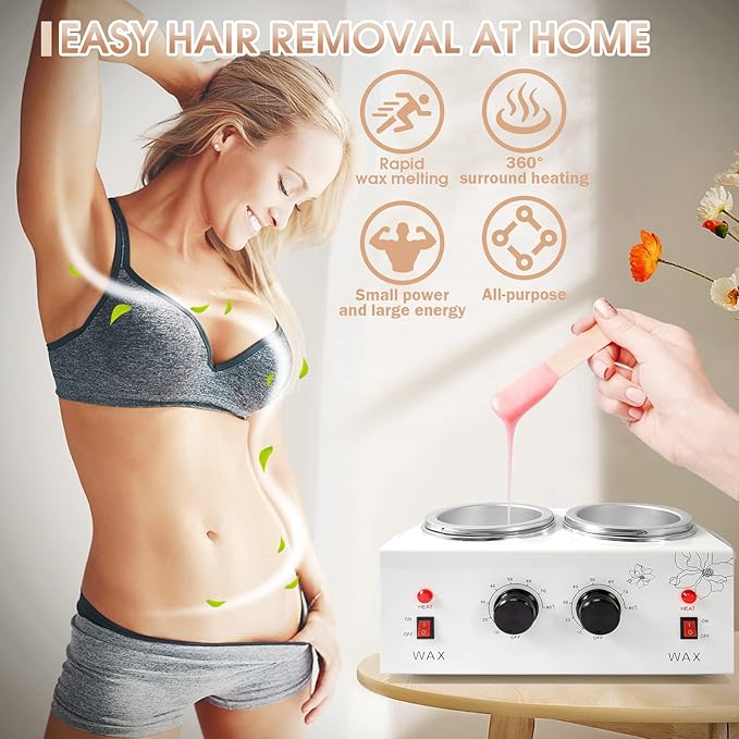 1.2L Double Wax Warmer Machine for Hair Removal, Professional Electric Wax Heater with Adjustable Temperature, Including 40PCS Wooden Wax Sticks