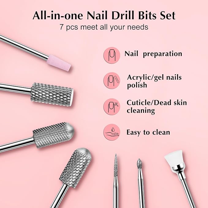COSLUS Cordless Nail Drill Electric File & Nail Drill Bits Set 7pcs