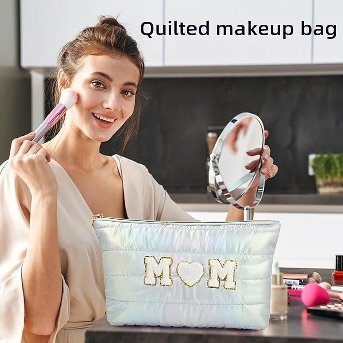 Hiroyuki 3pcs Iridescent Quilted Makeup Bag (ILOVEUMOM, cyan)