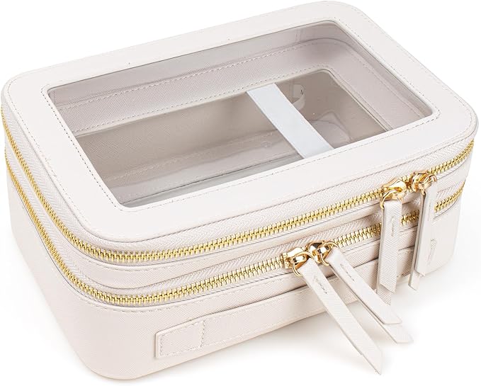 Clear Makeup Bags TSA Approved Toiletry Bag with Handle Large Opening,Clear Toiletry Bags for Carry-on Traveling Travel Car Accessories Essentials Organziation Storage for Women Girls(White, 2Layer)