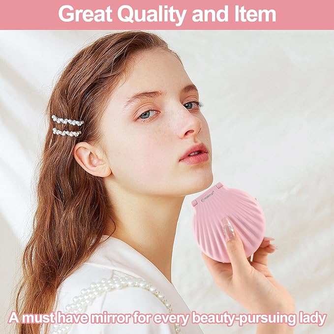 Shell Travel Mirror with Lights and 10x / 2X Magnification, Mini Makeup Mirror LED Lighted, Dimmable, Rechargeable Compact Mirror for Pocket, Patented Design Gifts for Mom/Daughter (Pink Electric)
