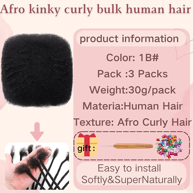 Afro Kinkys Bulk Human Hair for Dreadlock Extensions,Repair Locs, Twists and Braids, 90 Gram Each Package 100% Human Hair Afro Kinky Bulk Can be Dyed and Bleached (Natural Black, 10inch)
