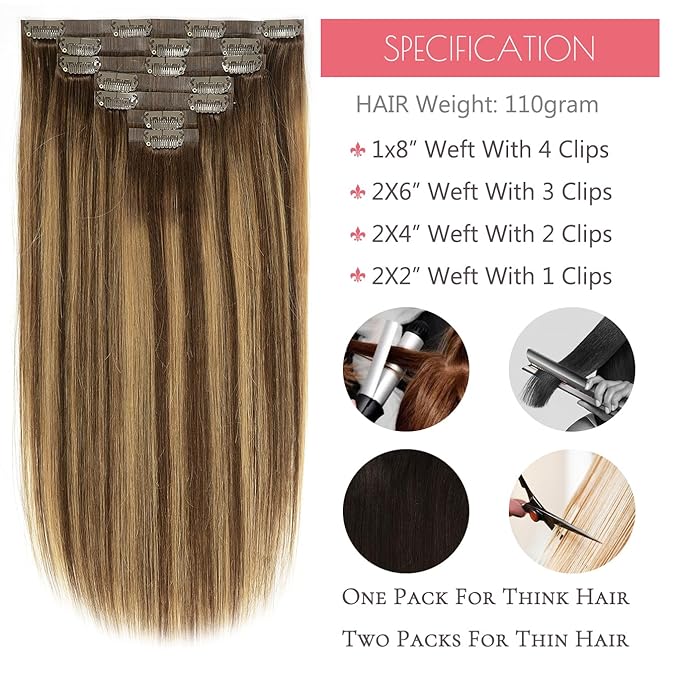 Seamless Clip in Remy Hair Extensions Human Hair Invisible PU Skin Weft Ombre Chocolate Brown to Caramel Blonde With Brown Roots Clip in Hair Extensions Thick Natural Hair 18inch 110gram 7pcs #R4-4/27