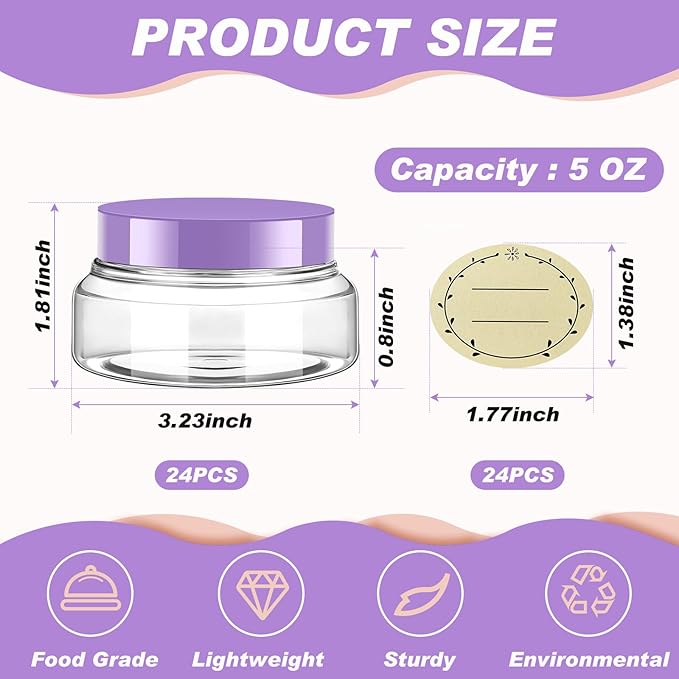 Tessco 24 Pack Plastic Jars with Lids Labels Empty Clear Plastic Jars Round Refillable Cosmetic Containers Body Butter Containers Bulk Sugar Scrub Bottle for Make Up(5 oz,Clear, Purple)