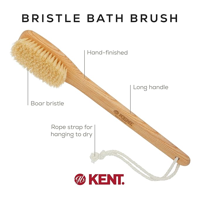 Kent FD5 Beechwood Wood Long Handle Shower Bath Body Brush. for Skin Exfoliate and Massage. 100% Boar Bristles. Best Back Body, Foot and Leg Scrubber Brushing for Wet and Dry Body. Made in England