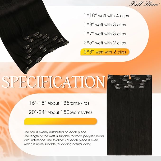 Full Shine Hair Extensions Clip in Human Hair Black Real Human Hair Clip in Extensions Full Head Black Clip in Hair Extensions Real Human Hair Black Extra Volume 20 Inch 7 Pcs 150 G
