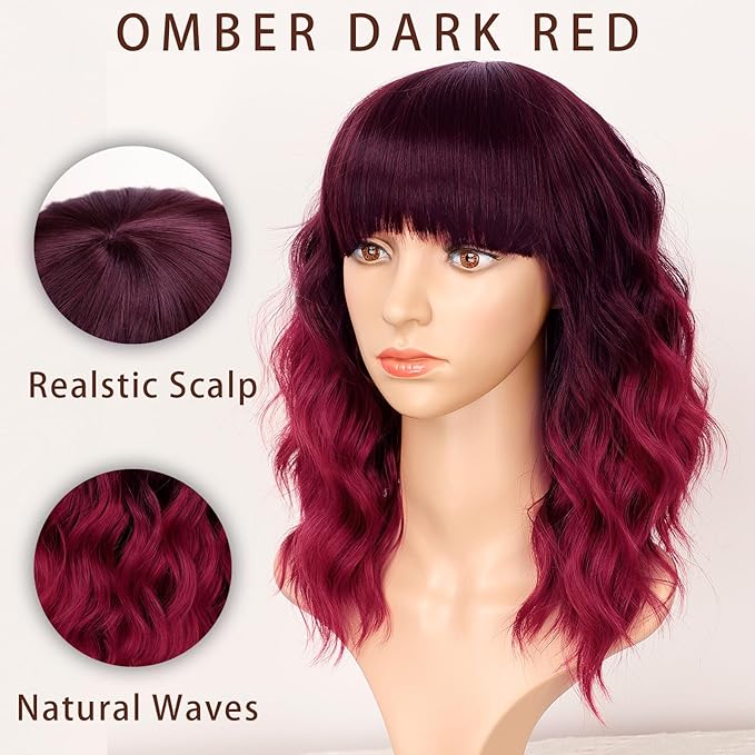 AISI HAIR Synthetic Wavy Curly Bob Wig with Bangs Ombre Dark Red Short Hair Wigs for Women Synthetic Heat Resistant Bob Wigs