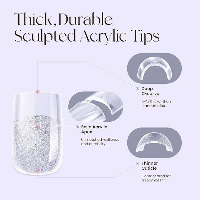 Tipex Gel Nail Tips Kit, Pre-etched Acrylic Hard Nail Tips Set for Beginners, Short Square Full Cover Press On Nails, Deep C Curve Flat Nails, 16 Sizes, UV Nail Glue, LED Lamp, Base Gel