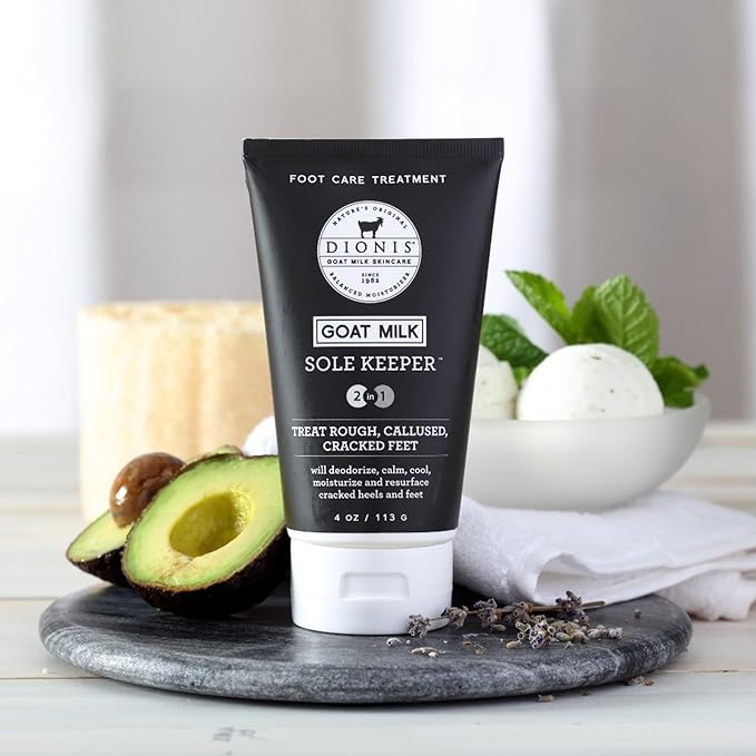 Dionis Goat Milk Skincare Sole Keeper & Soother - Deodorize, Calm, Cool, Moisturize & Resurface Feet-Treats Repairs & Soothes Rough Dry Callused Cracked Skin, Cruelty-Free Cream, 4 oz & .78 oz Set