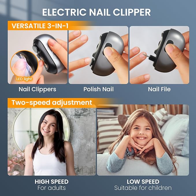 Electric Nail Clipper: 3-in-1 Automatic Fingernail Trimmer, Polisher & Clip Storage with LED Light, USB Rechargeable & 2 Speed Gears Automatic Safety Nails Cutter for Baby Kids Adult Seniors (Grey)