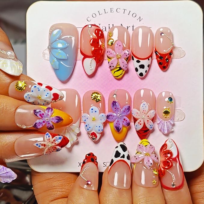 Handmade Acrylic Press On Nails Almond, 3D Press On Nails Medium, Flower 3D Red Nails French Tip Preal Shell Leopard For Women Gift, Reusable Stick On Fake Nails Kit With Nail Glue(Lush Garden-L)