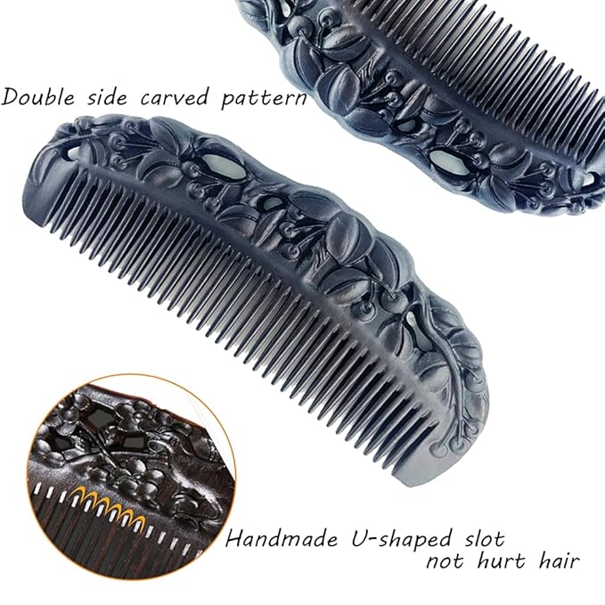 Black Sandalwood Natural Hair Comb, Ebony Carved Fine Tooth Wooden Comb- Anti-Static No Snag Handmade Hair Wood Comb for Women Men - with gift box