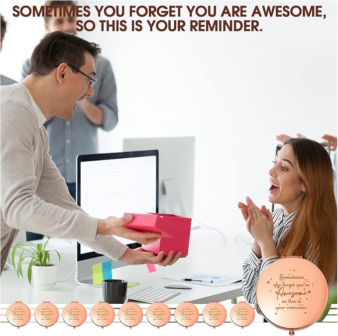 Roowest 10 Pcs Inspirational Compact Mirror Sometimes You Forget You're Awesome Appreciation Gifts for Women Mother's Day Party Favors Magnifying Pocket Mirror (Rose Gold)