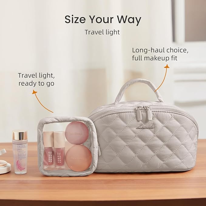 LOVEVOOK Travel Makeup Bag for Women, 2Pcs Set Puffer Waterproof Cosmetic Organizer, Large Capacity Pouch Open Flat Toiletry Bag with Divider & Handle, Portable Gift for Her