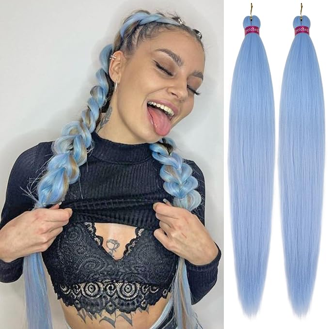 Baby Blue Braiding Hair Extension, 28 Inches Pre Stretched Braiding Hair for hair Braids,2 Packs Yaki Texture Synthetic Braid Hair
