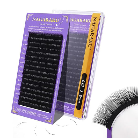 NAGARAKU Eyelash Extensions Individual Lashes Extensions Classic Lash Matte Black 16 Rows Soft Natural Matte Black Professional Beauty Salon Lash Supplies -0.07J 8mm
