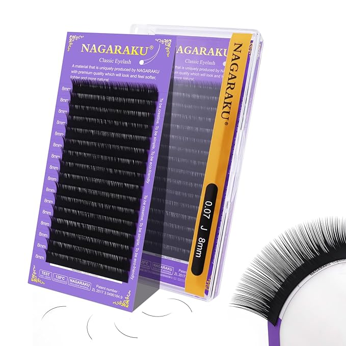NAGARAKU Eyelash Extensions Individual Lashes Extensions Classic Lash Matte Black 16 Rows Soft Natural Matte Black Professional Beauty Salon Lash Supplies -0.07J 8mm