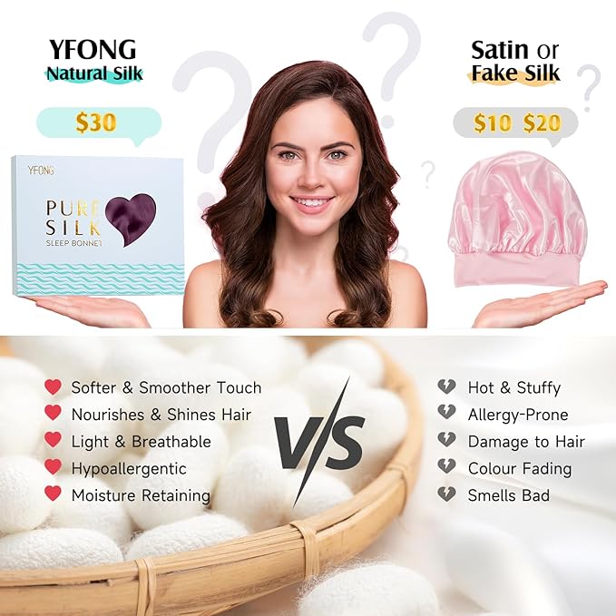 YFONG 100% 22 Momme Mulberry Silk Bonnet for Sleeping Women, Larger Double Layer Silk Hair Wrap for Curly Short Long Hair, Non-Slip Sleep Cap Turban with Elastic Tie Band for Hair Care, Purple