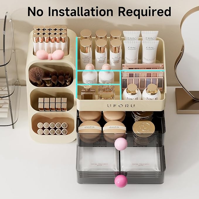 Makeup Organizer for Vanity, Countertop Organizer With Drawers, Spacious Cosmetic Display Case for Beauty Essential, Skincare, Lipstick, Cream White&Pink