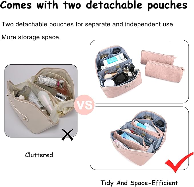 BOYATU Travel Makeup Bag Organizer Cosmetic Bag: 3 Pcs Set Make up Bags for Women with Handle - Waterproof Vegan Leather Toiletry Bags with Comparments (Pink)