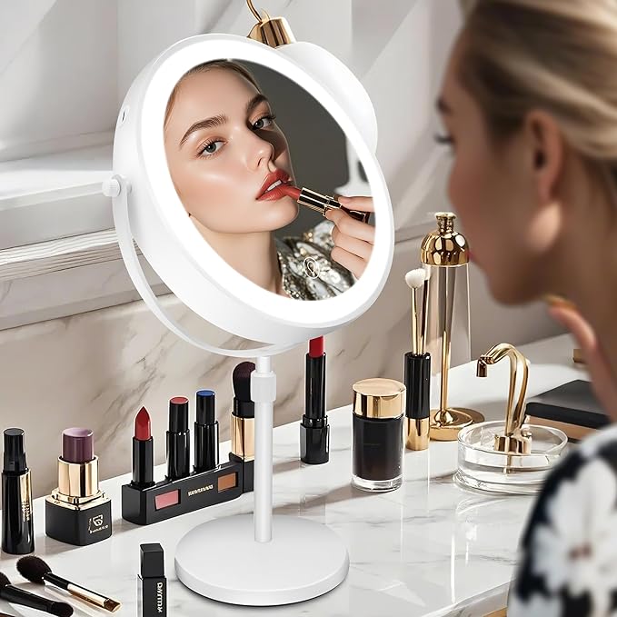 10x Large Lighted Makeup Mirror, Rechargeable 8.7" Double-Sided Vanity Mirror with 3 Color Dimmable Lights, 1X/10X Height Adjustable Magnifying Mirror, 360° Swivel, for Women Girl(White)