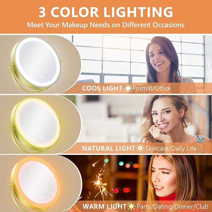 1X/20X Wall Mounted Makeup Mirror with Light, 8" Double-Sided Magnifying Mirror, 3 Color Lights Touch Dimmable Vanity Mirror with 360° Extension Rotation Foldable 14.5 Inch Arm for Bathroom