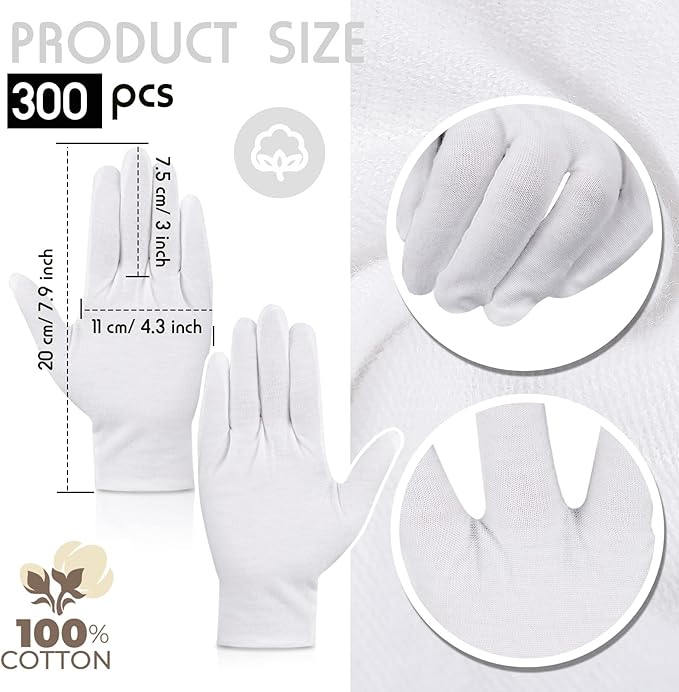 Jecery 300 Pairs Bulk White Gloves Large Pack Moisturizing Overnight White Cotton Bulk for Dry Hands Eczema Thin Inspection Soft Working Gloves Liners for Jewelry Coin Collection