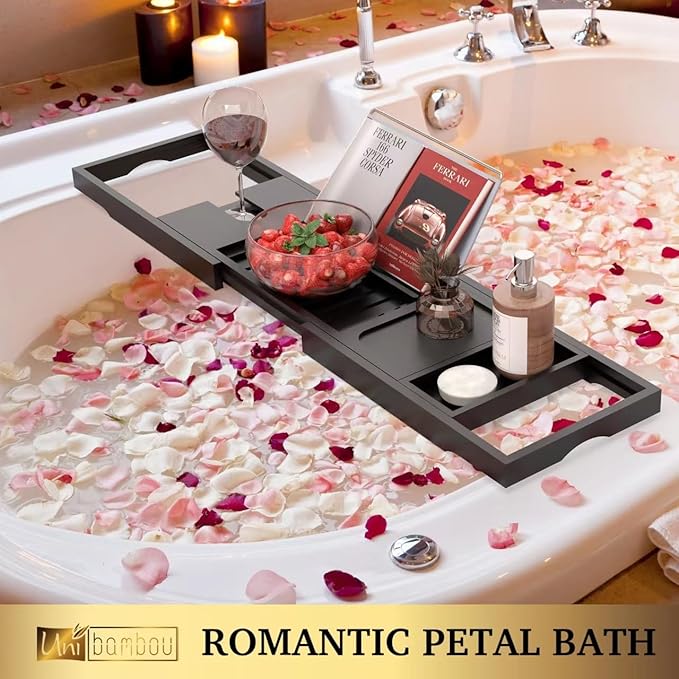 Foldable Bathtub Tray - Expandable Bamboo Bath Caddy Tray for Tub - Luxury Wood Bath Accessories, Perfect Spa Experience for New Home - Unique House Warming Gifts for Mom, Women, Couples